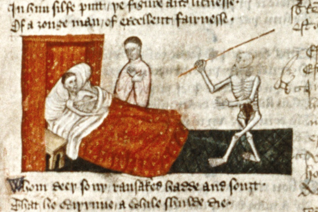 Illustration from &#39;To lerne to die&#39; in Bodleian Library, MS. Selden Supra 53. Death, depicted as a skeleton with a spear, attends a deathbed.